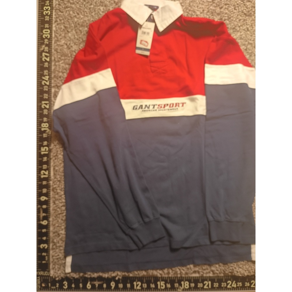 Gant Sport Mens Large Rugby Shirt Long Sleeve Colorblock Red White Blue NWT